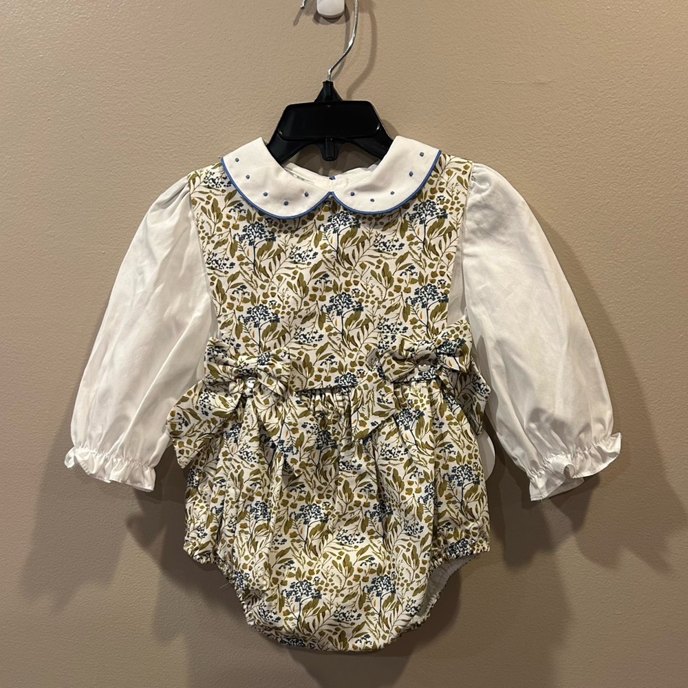 Edgehill Collection Floral Romper Set in White and Olive with Blue Accents